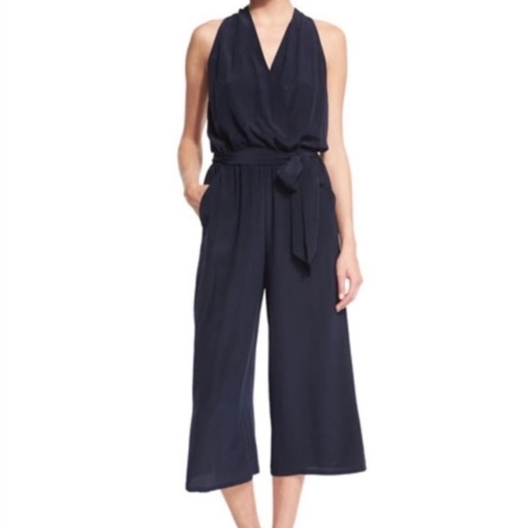 Tory Burch Pants - Tory burch Campania Navy Blue Silk Belted Cropped
Wide Leg Jumpsuit
